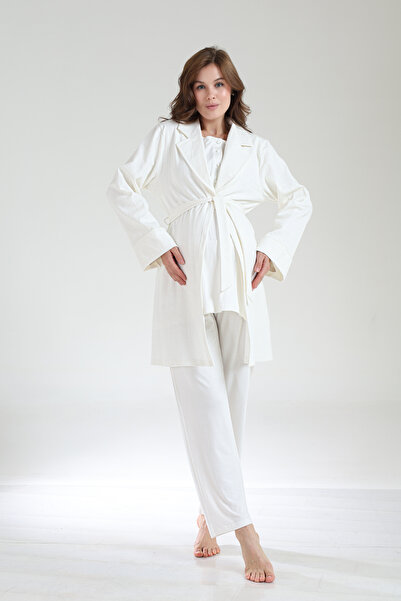 PREGNANT WORLD Women's Ecru Jacquard Shawl Collar Winter Design Maternity Pajama Set