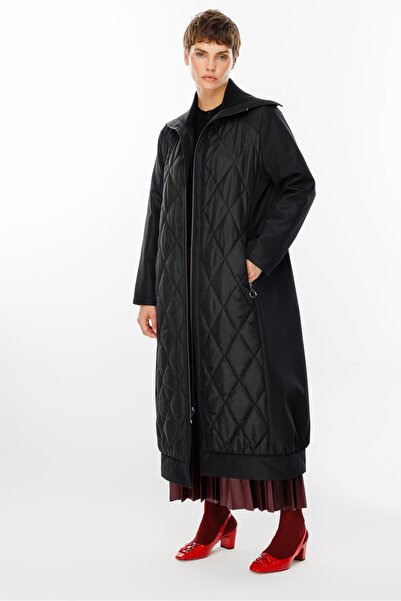 Micca Triko Yaka Detaylı Kapitone Dolgulu Kaban-Siyah