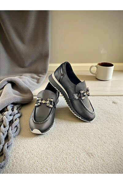 Mammamia D25Ka-990 Black Genuine Leather Full Orthopedic Women's Casual Daily Shoes