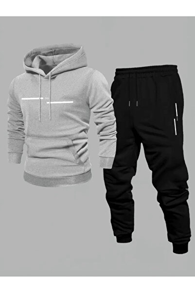 ALEYZA MODA Men's Minimalist'Paris' Written Hooded Tracksuit Set