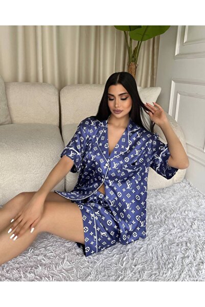 saviniboutique Savi̇ni̇ Victoria Women's Satin Front Buttoned Patterned Shorts Pajama Set