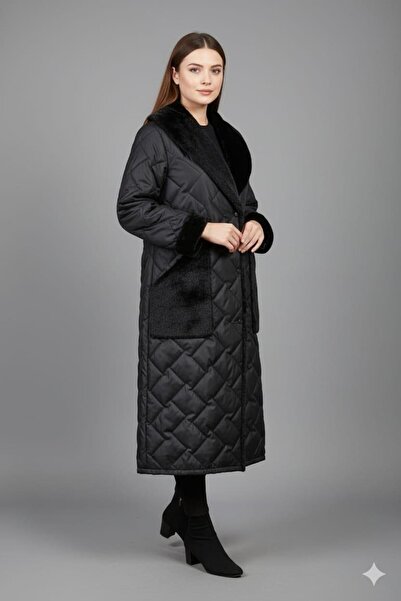 Micca Puff Yaka ve Cep Suni Kürk Detaylı Özel İşleme Soft Dolgu Astarlı Manto Kaban-Siyah