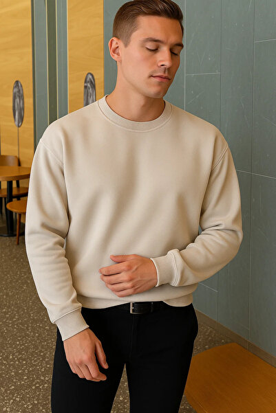 COMBİNE MİCHAİL Men's Relax Fit Winter Cream Basic Sweater