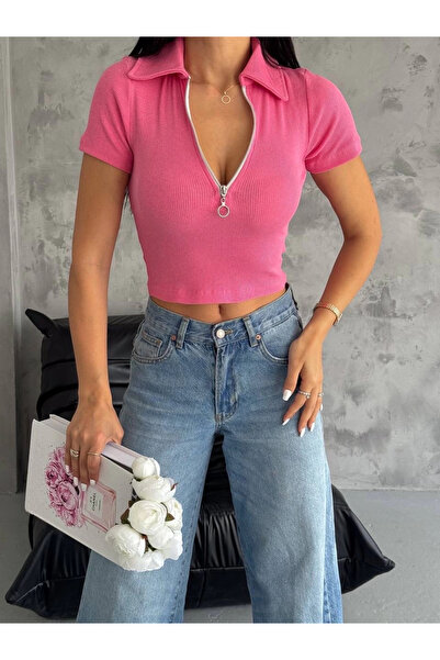 NUVIRAA kaşkorse yaka fermuarlı bluz fuşya