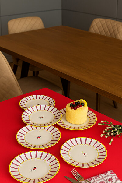 Paşabahçe Modern Kuş Figürlü 6 Parça Porselen Pasta Tatlı Tabağı-Gold Detaylı Sunum Servis Tabağı