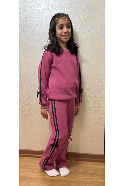 Babito Baby Girls' Striped and Bow Detail Tracksuit Set 2-10 Years