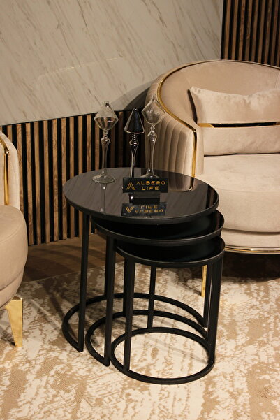 AlberoLife 3'lü Lüx C Zigon Sehpa (KOLAY KURULUM) Siyah Ayak Füme Ayna