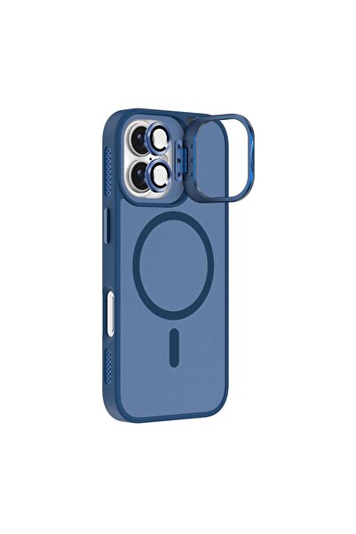Apple iPhone 17 Lens Hediyeli Kamera Korumalı Wireless Şarj Özellikli Standlı Kılıf - Lacivert