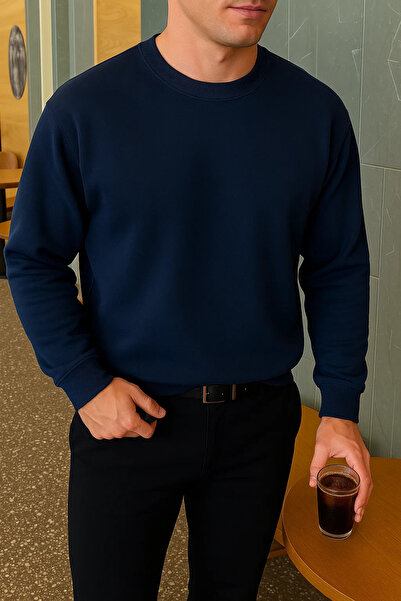 COMBİNE MİCHAİL Men's Relax Fit Winter Navy Blue Basic Sweater