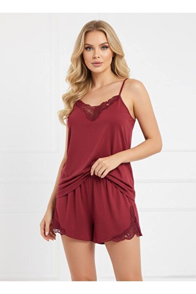 cherry queen Bordo Mikro Penye Dantel 4’lü Sabahlık Gecelik Şort Takım – Yumuşak ve Şık