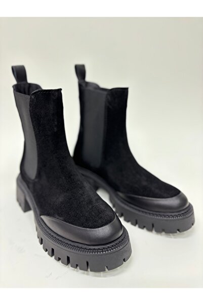 TİME Kadın Casual Siyah Süet Bot Hakiki Deri