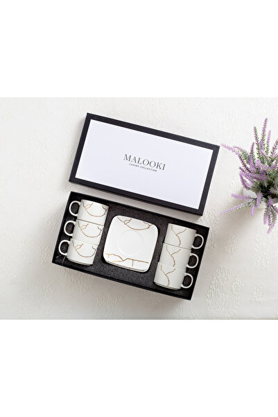 Malooki Set of 6 Porcelain Coffee Cups 150 ml with Square Saucer – Gold Marble Infinity
