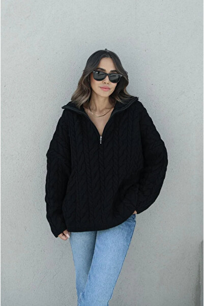 Narstorm Women's Black Zippered Hair Knit Sweater