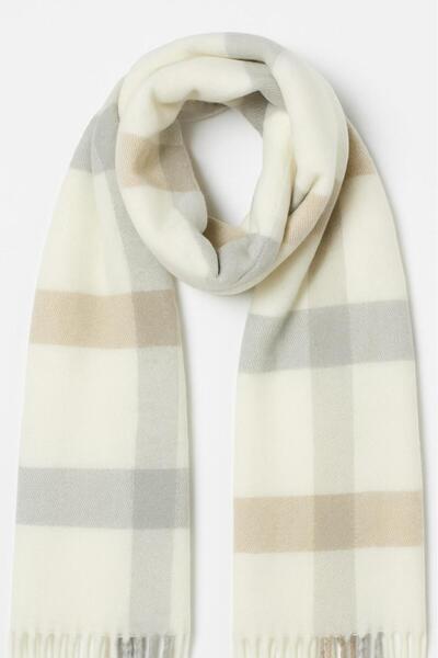 Melissa Boutique Women's Cream Gray Square Patterned Woven Puffy Shoulder Shawl Scarf