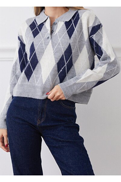 MRT GİYİM Baklava Desenli Polo Yaka Triko Kazak