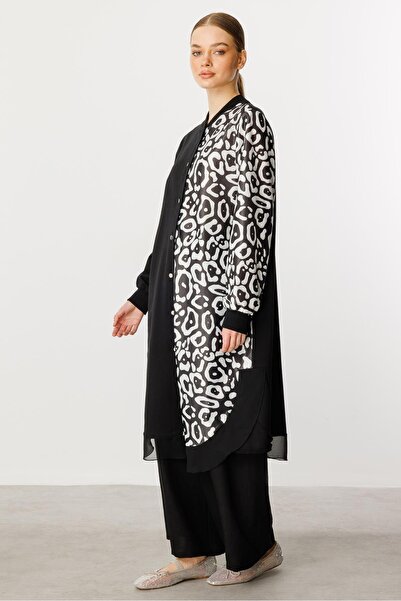 Micca Soho Desen Örme Şifon Karışım Modern Kap Tunik-Siyah