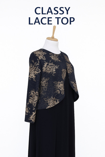 HESNA Navy Blue Zuhal Jacketed Plus Size Stylish Patterned Mother Evening Dress Suit