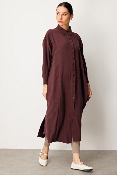 Micca Yırtmaç ve Ön Beden ile Detaylandırılmış Elbise Kap-Bordo