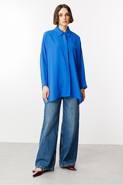 Micca Özel Kalıp Zamansız Akıcı Kumaştan Bluz Tunik-Sax