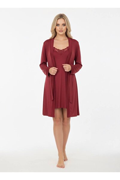 cherry queen Burgundy Micro Combed Lace 4-Piece Robe Nightgown Shorts Set – Soft and Stylish