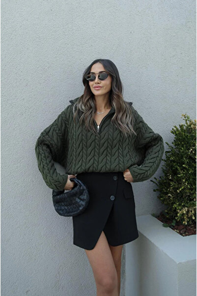 Narstorm Women's Khaki Collar Zippered Hair Knit Sweater