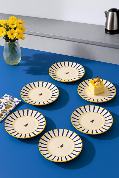 Paşabahçe Modern Kuş Figürlü 6 Parça Porselen Pasta Tatlı Tabağı-Gold Detaylı Sunum Servis Tabağı