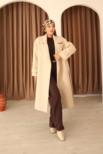 Hazel Woman stone Double-Breasted Oversized belted long coat