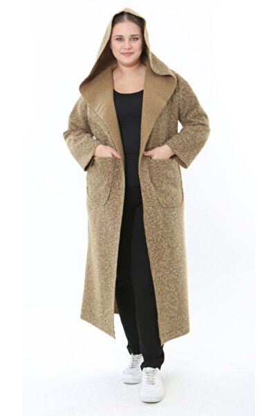 Butik Nilyam Women's Plus Size Long Hooded Turn-Down Collar Distressed Cashmere Cardigan Jacket Coat 25055