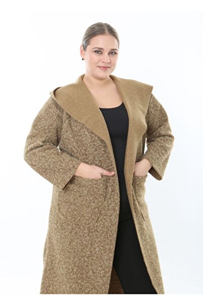 Butik Nilyam Women's Plus Size Long Hooded Turn-Down Collar Distressed Cashmere Cardigan Jacket Coat 25055