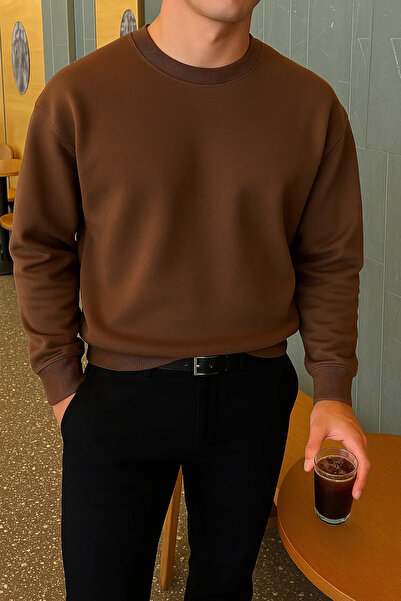COMBİNE MİCHAİL Men's Relax Fit Winter Brown Basic Sweater
