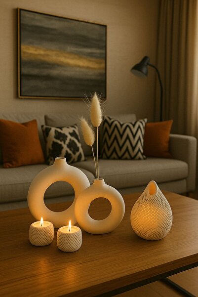 KARAASLAN DESİGN Modern 3’lü Beton Vazo 2’li Mumluk Seti