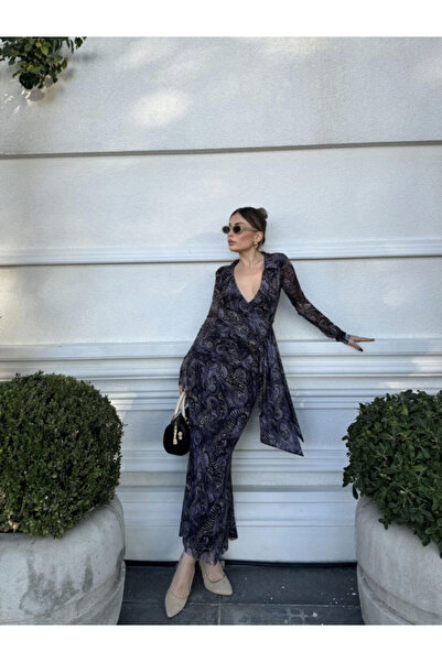 Lady Moss Double Breasted V-Neck, Ruffled and Lace-Up Patterned Blouse and Mi...