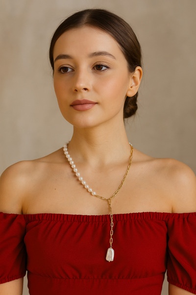 FARA Colier Elegant cu Perle Albe și Lanț Auriu