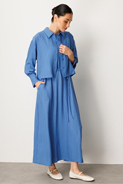 Micca Aller Üst Beden ve Jile İç Kombin İpekçe Elbise Ferace-Mavi