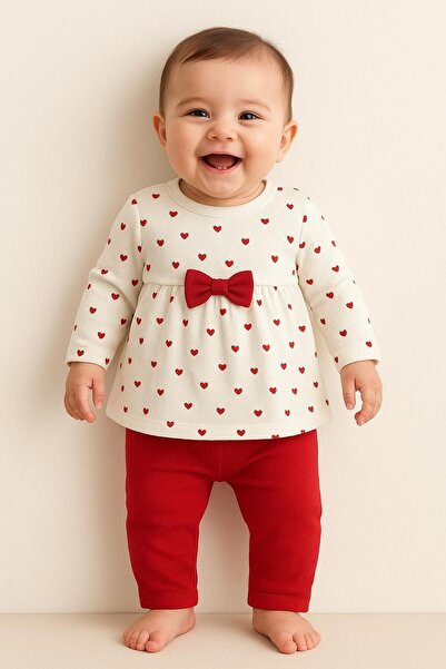 GÜNEŞ KİDS Baby Girl Little Heart Printed Shoulder Snap Fastener Baby Set 2-P...