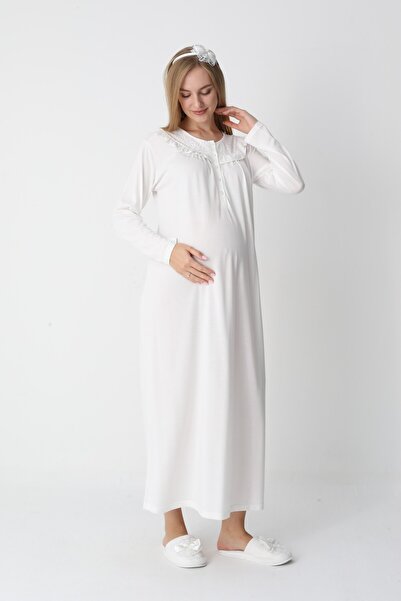 BLACKMORE Women's Ecru Special Lace Design Full Length Winter Cotton Maternity Nightgown-Robe Set