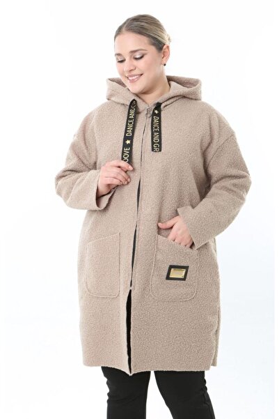 Butik Nilyam Women's Plus Size Midi Hooded Turn-Down Collar Cashmere Cardigan Jacket Coat 25062