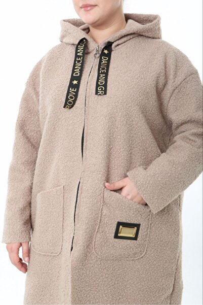 Butik Nilyam Women's Plus Size Midi Hooded Turn-Down Collar Cashmere Coat 25061