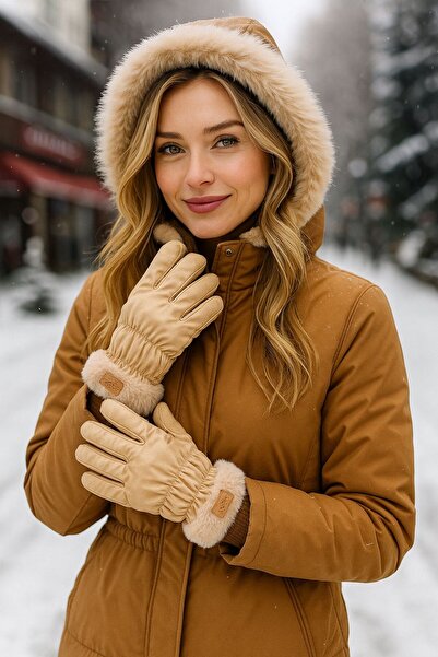 BALIENTE Beige Phone Touchscreen Raincoat with Fur Inside Women's Gloves