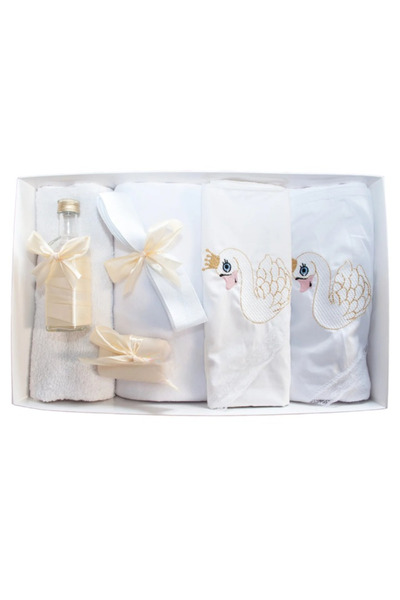 Inovius Комплект за кръщене от 7 части с печатен текст, бяло-кремаво, лебедов...