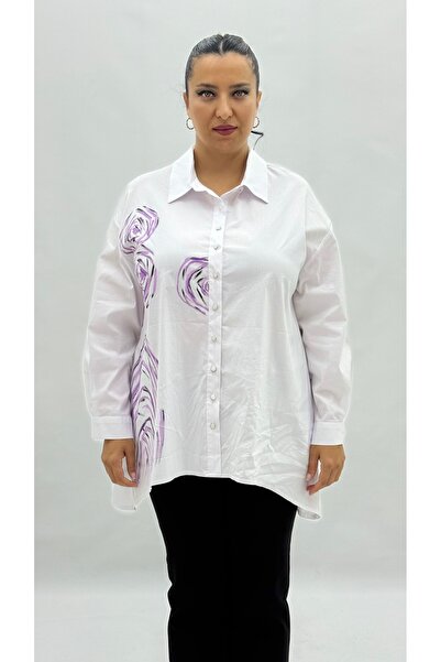 AY-SEL Büyük Beden Pamuklu Düğmeli Uzun Kol Oversize Kadın Gömlek