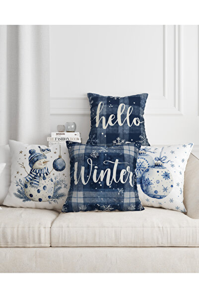 Hayal Dekoratif Новорічна тематика, синьо-білий колір, напис «Hello Winter», 4-комплект цифрового друку, подарунковий чохол для подушки