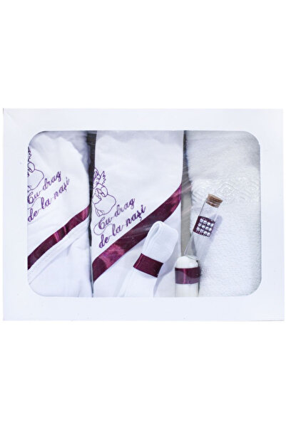 Inovius Trusou Botez 6 piese cu Text Brodat, Ingeras, Alb Visiniu - TB109