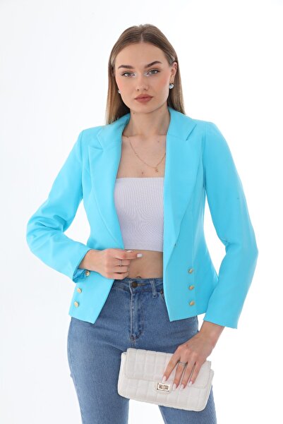 Papillon Tekstil سترة بليزر أنيقة بتفاصيل أزرار باللون الفيروزي