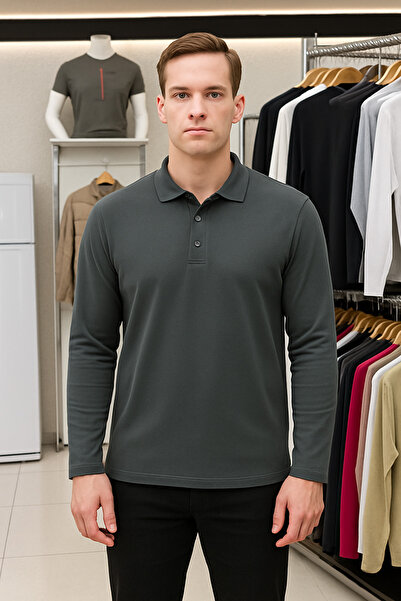 Maccali Men's Casual Basic Dark Gray Long Sleeve Polo Neck T-Shirt