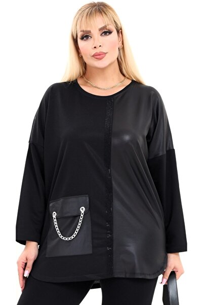 Kheos O-Neck Leather Detailed Pocket Chain and Stone Decorated Design Plus Size Tunic