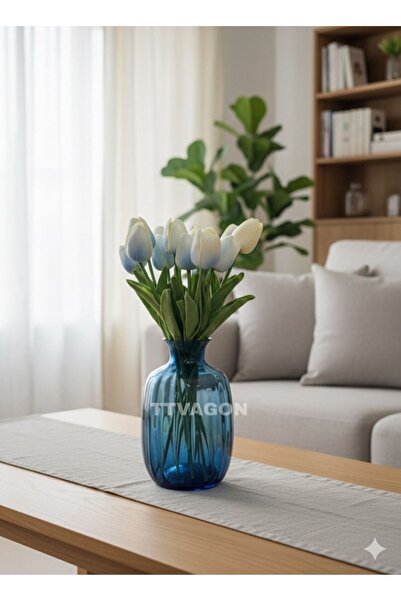 ttvagon Vazo Lale Seti | Dekoratif Cam Lacivert Vazo 10 Dal Lale Set - 20 cm Vazo