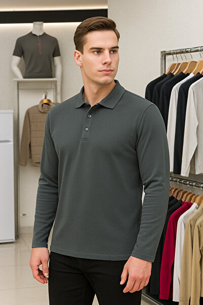 Maccali Men's Casual Basic Dark Gray Long Sleeve Polo Neck T-Shirt