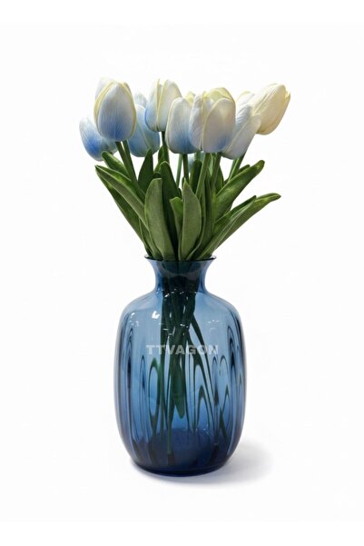 ttvagon Vazo Lale Seti | Dekoratif Cam Lacivert Vazo 10 Dal Lale Set - 20 cm Vazo
