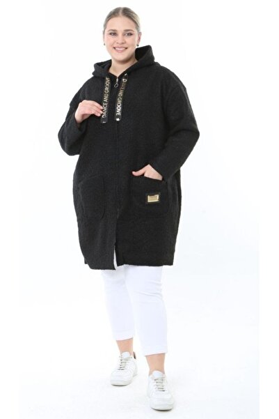 Butik Nilyam Women's Plus Size Midi Hooded Turn-Down Collar Cashmere Coat 25061